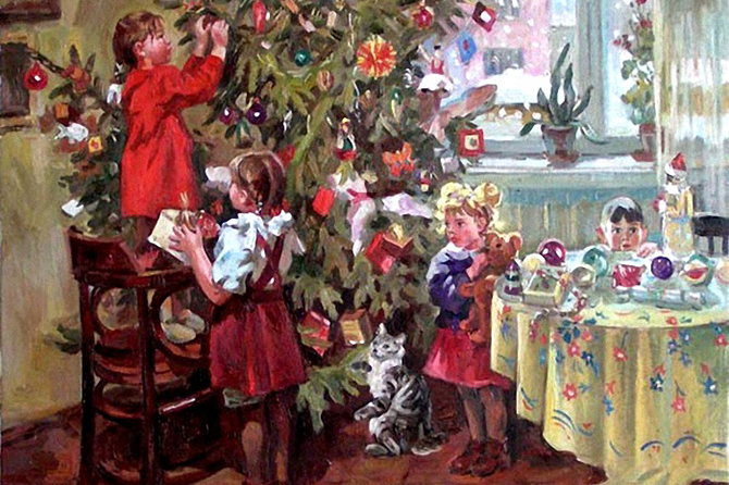 Дети собирают елку, старинная октрытка